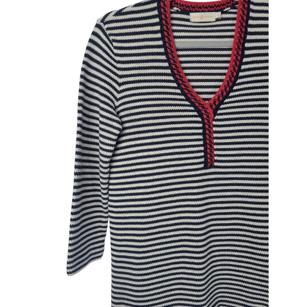 Tory Burch Sweater Women's Small Striped V-neck Pullover 3/4 Sleeve Cotton